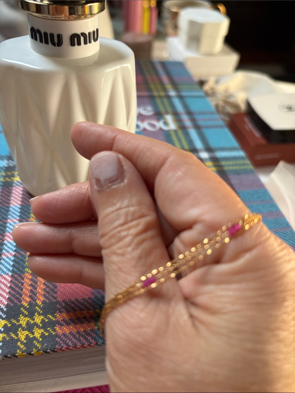 Gold tone Chain Bracelet with Pink Accents